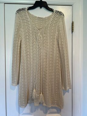 Elan Open Knit Tassel Tie Sweater Tunic - Cream